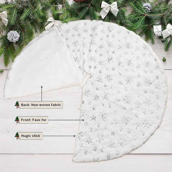 SALE!! 48 inch Padded Soft Plush Christmas Tree Skirting White Silver snowflakes - Picture 2 of 5